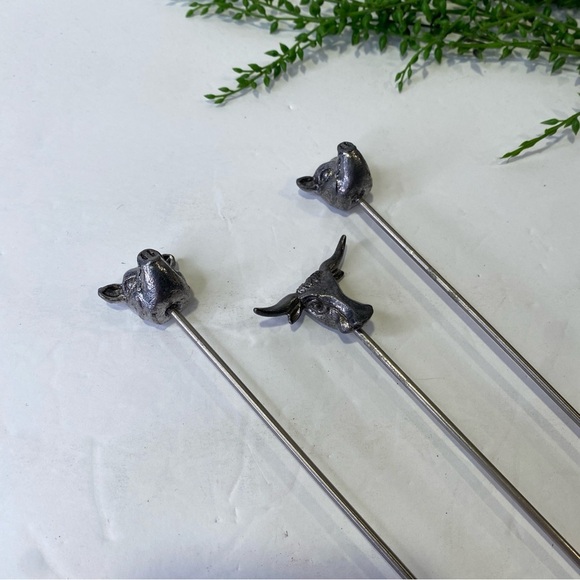 3 Vintage Metzke Pewter 1980 Pig Head Long Horn Steer Cattle 12.5" Long Skewers - Picture 8 of 10